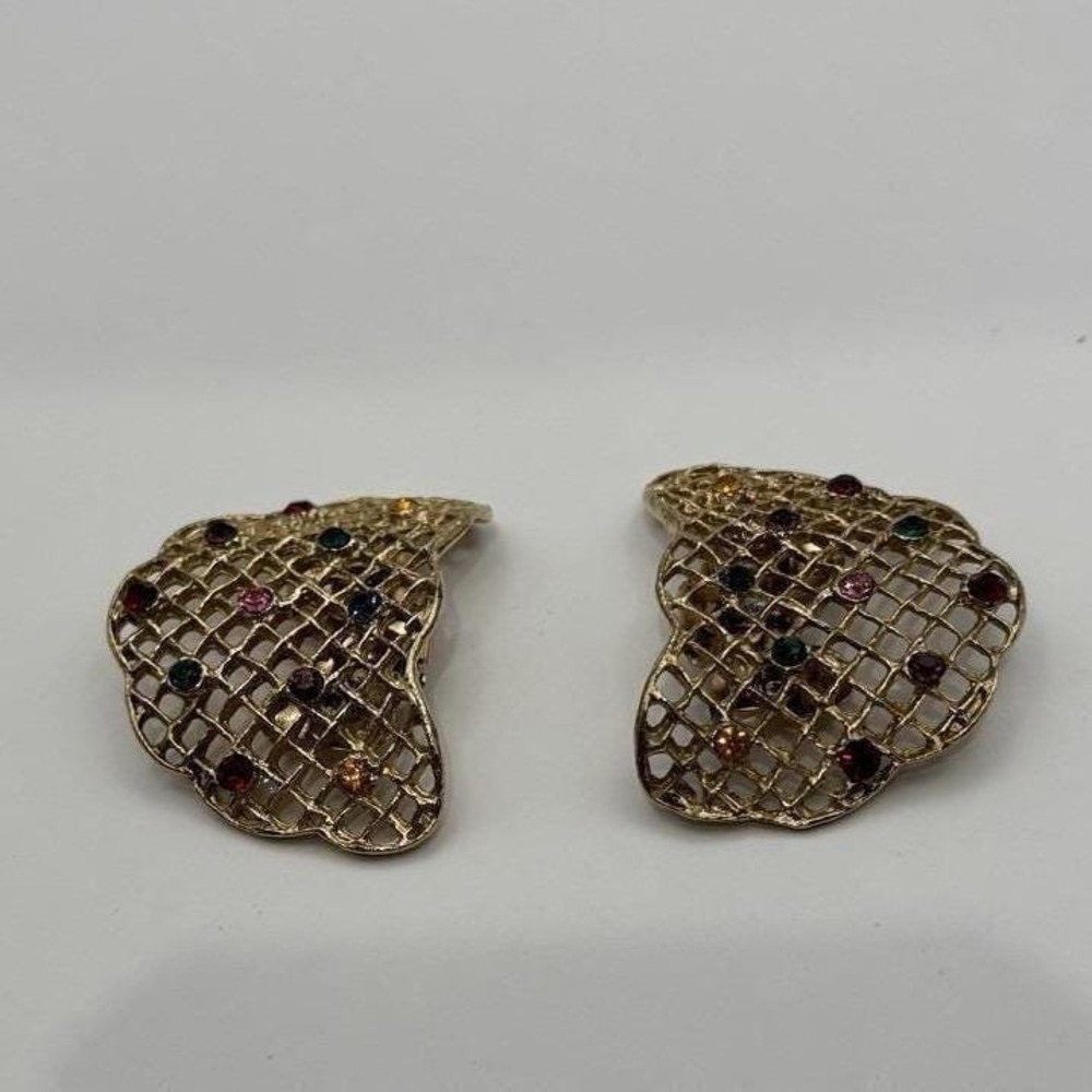 VTG Shoe Jewelry Clips Musi Gold Tone EUC Lattice Multi Rhinestones Signed Spat